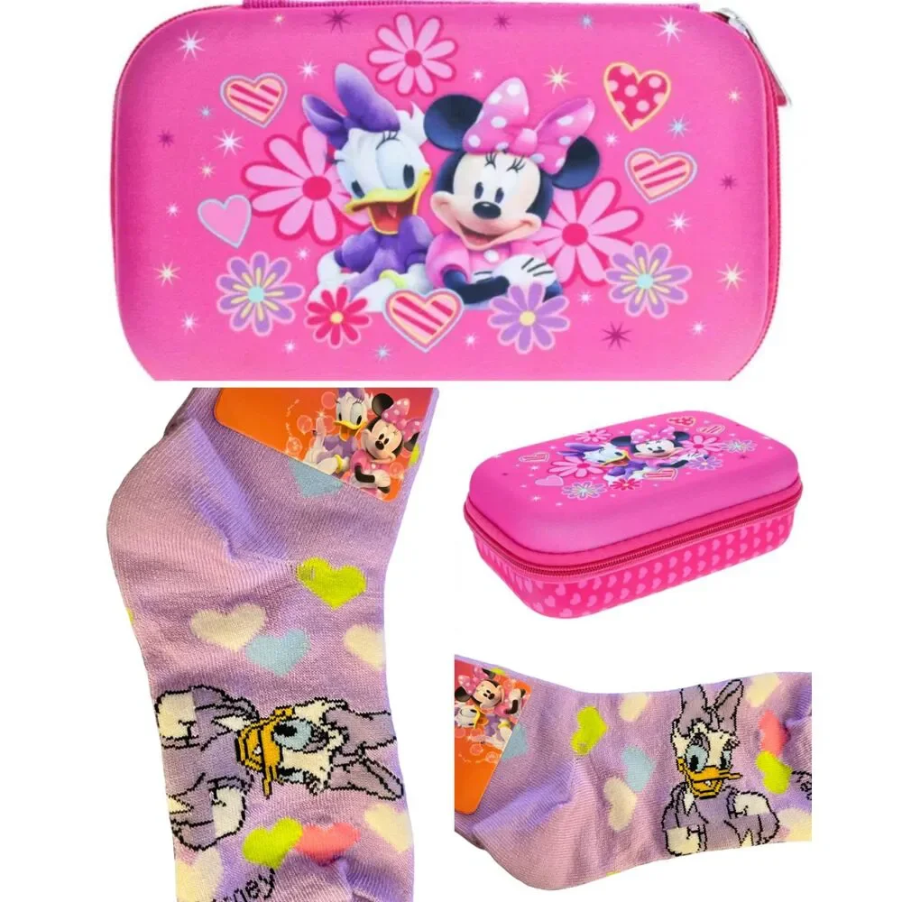 Disney Minnie & Daisy Gift Set Large Pencil/Accessory Case & Purple Daisy Socks